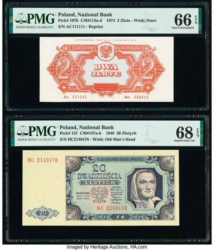 Poland Polish National Bank 2 Zlote; 20 Zlotych (1948-1974) Pick 107b; 137 PMG G...