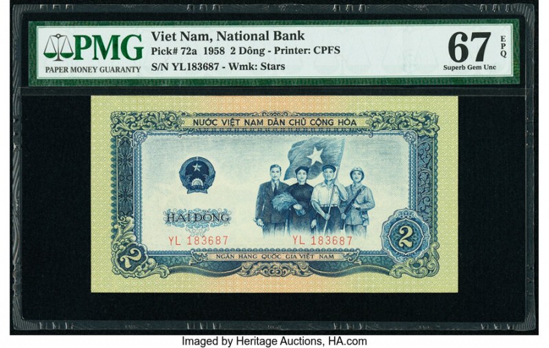 Vietnam National Bank of Viet Nam 2 Dong 1958 Pick 72a PMG Superb Gem Unc 67 EPQ...