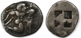 Griechische Münzen, THRACIA. THASOS (?). Obol (?) gegen 500 v. Chr, Vs: Satyr n. r., Rs: Viergeteiltes Quadratum incusum. Silber. 0.79 g. Sehr schön (...