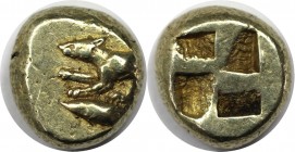 Griechische Münzen, MYSIA. Kyzikos EL Hekte (2.81 g. 11 mm), circa 500-475 v. Chr. Vs.: Hound nach links. Rs.: Quadripartite incuse quadratisch. Vorzü...