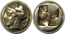 Griechische Münzen, IONIA, Phokaia. EL Hekte (2.52 g. 10 mm), circa 478-387 v. Chr. Vs.: Athena links, tragen Crested Attic Helm. Rs.: Quadripartite i...