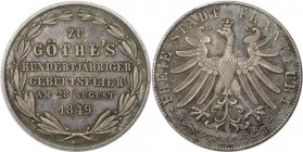 Altdeutsche Münzen und Medaillen, FRANKFURT - STADT. 100. Geburtstag von Goethe. Doppelgulden 1849, Silber. AKS 41. Fast Stempelglanz
