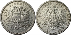 Deutsche Münzen und Medaillen ab 1871, REICHSSILBERMÜNZEN, Lübeck. 3 Mark 1908 A, Silber. Jaeger 82. Vorzüglich.