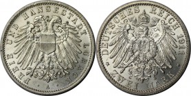 Deutsche Münzen und Medaillen ab 1871, REICHSSILBERMÜNZEN, Lübeck. 2 Mark 1911 A, Silber. Jaeger 81. Stempelglanz