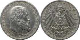 Deutsche Münzen und Medaillen ab 1871, REICHSSILBERMÜNZEN, Württemberg. Wilhelm II. (1891-1918). 3 Mark 1914 F, Silber. Jaeger 175. Vorzüglich