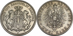 Deutsche Münzen und Medaillen ab 1871, REICHSSILBERMÜNZEN, Hamburg. Freie Hansestadt. 2 Mark 1876 J, Silber. Jaeger 61. Vorzüglich, kl. Kratzer