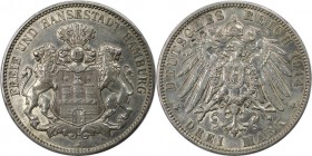 Deutsche Münzen und Medaillen ab 1871, REICHSSILBERMÜNZEN, Hamburg. Freie Hansestadt. 3 Mark 1914 J, Silber. Jaeger 64. Vorzüglich-Stempelglanz, kl.Kr...