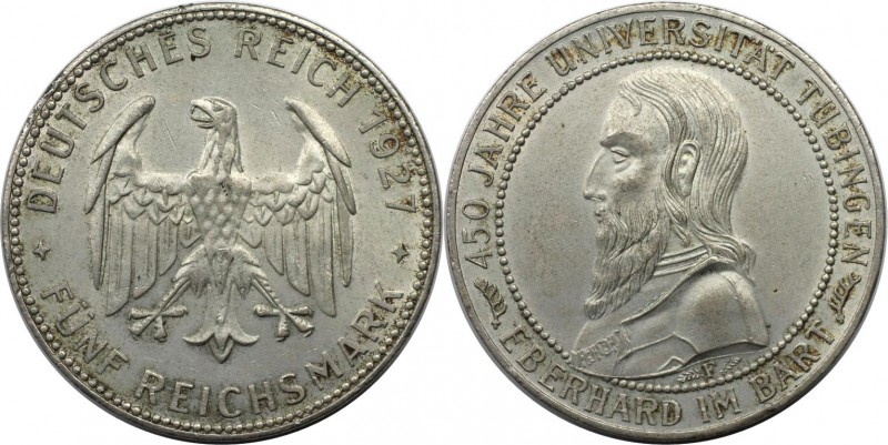 Deutsche Münzen und Medaillen ab 1871, WEIMARER REPUBLIK. 5 Reichsmark 1927 F, U...