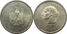 Deutsche Münzen und Medaillen ab 1871, WEIMARER REPUBLIK. 3 Reichsmark 1931 A, Zum 100. Todestag Freiherr von Stein. Silber. Jaeger 348. Vorzüglich