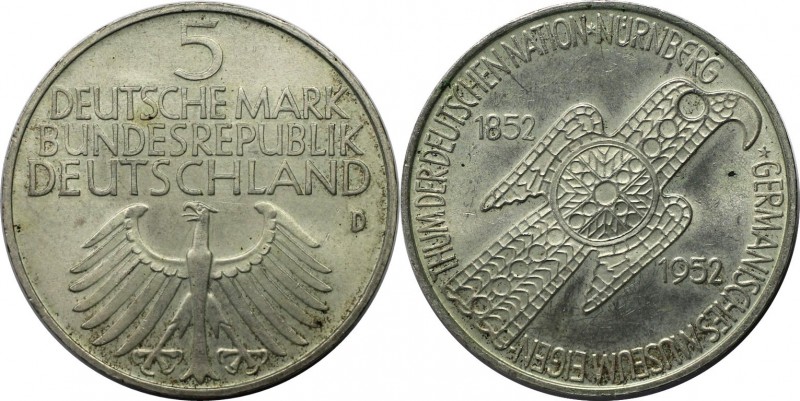 Deutsche Münzen und Medaillen ab 1945, BUNDESREPUBLIK DEUTSCHLAND. 5 Mark 1952 D...