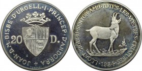 Europäische Münzen und Medaillen, Andorra. Gazelle. 20 Diners 1984, Silber. KM 24. Polierte Platte, Patina, min. berieben