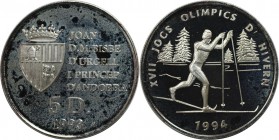 Europäische Münzen und Medaillen, Andorra. Olympische Winterspiele 1994 in Lillehammer - Langlauf. 5 Diners 1993, Silber. KM 80. Polierte Platte