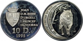Europäische Münzen und Medaillen, Andorra. Wolf. 10 Diners 1995, Silber. 0.93 OZ. KM 113. Polierte Platte