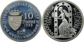 Europäische Münzen und Medaillen, Andorra. Beitritt zum Europarat. 10 Diners 1995, Silber. 0.93 OZ. KM 108. Polierte Platte
