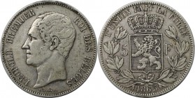 Europäische Münzen und Medaillen, Belgien / Belgium. Leopold I. (1831-1865) 5 Francs 1865, Silber. KM 17. Sehr schön