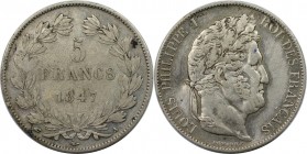Europäische Münzen und Medaillen, Frankreich / France. Louis Philippe (1830-1848). 5 Francs 1847 A, Silber. KM 749.1. Sehr schön