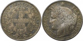 Europäische Münzen und Medaillen, Frankreich / France. Ceres. 5 Francs 1851 A, Silber. KM 761.1. Sehr schön