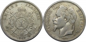 Europäische Münzen und Medaillen, Frankreich / France. Napoleon III. 5 Francs 1869 BB, Silber. KM 799.2. Sehr schön