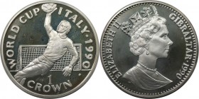 Europäische Münzen und Medaillen, Gibraltar. Weltcup-Fußball. 1 Crown 1990, Silber. 0.84 OZ. KM 35a. Polierte Platte