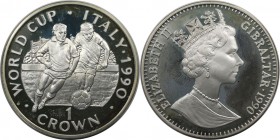 Europäische Münzen und Medaillen, Gibraltar. Weltcup-Fußball. 1 Crown 1990, Silber. 0.84 OZ. KM 37a. Polierte Platte.