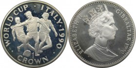Europäische Münzen und Medaillen, Gibraltar. Weltcup-Fußball. 1 Crown 1990, Silber. 0.84 OZ. KM 38a. Polierte Platte