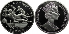 Europäische Münzen und Medaillen, Gibraltar. Fußball Weltmeisterschaft. 1 Crown 1994, Silber. 0.84 OZ. KM 229a. Polierte Platte