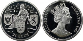 Europäische Münzen und Medaillen, Gibraltar. Europa umrahmt von drei Länderwappen. 21 Ecus 1995, Silber. 0.57 OZ. KM 498. Polierte Platte. Patina. Fin...
