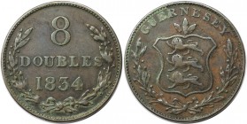 Europäische Münzen und Medaillen, Großbritannien / Vereinigtes Königreich / UK / United Kingdom. Guernsey Münze. 8 Doubles 1834, Kupfer. KM 3. Sehr sc...