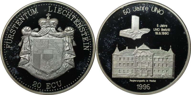 Europäische Münzen und Medaillen, Liechtenstein. 50 Jahre UNO. 20 Ecu 1995, Silb...