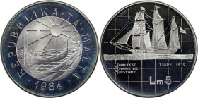 Europäische Münzen und Medaillen, Malta. Tigre. 5 Liri 1984, Silber. 0.59 OZ. KM 68. Polierte Platte