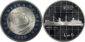 Europäische Münzen und Medaillen, Malta. Saver. 5 Liri 1986, Silber. 0.59 OZ. KM 85. Polierte Platte