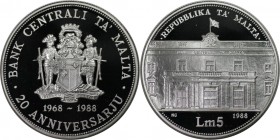 Europäische Münzen und Medaillen, Malta. 20 Jhare Zentralbank. 5 Liri 1988, Silber. 0.84 OZ. KM 87. Polierte Platte