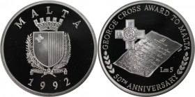 Europäische Münzen und Medaillen, Malta. "George Cross Award". 5 Liri 1992, Silber. 0.84 OZ. KM 100. Polierte Platte