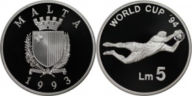 Europäische Münzen und Medaillen, Malta. XV. Fussball-Weltmeisterschaft 1994 in den USA. 5 Liri 1993, Silber. 0.84 OZ. KM 107. Polierte Platte