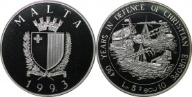 Europäische Münzen und Medaillen, Malta. Drei Schiffe. 5 Liri (10 Ecu) 1993, Silber. 0.74 OZ. KM 104. Polierte Platte