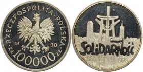 Europäische Münzen und Medaillen, Polen / Poland. 10 Jahre Gewerkschaft 'Solidarnosc'. 100000 Zlotych 1990, Silber. 1 OZ. 31.9 mm. KM Y# 196.2. Polier...