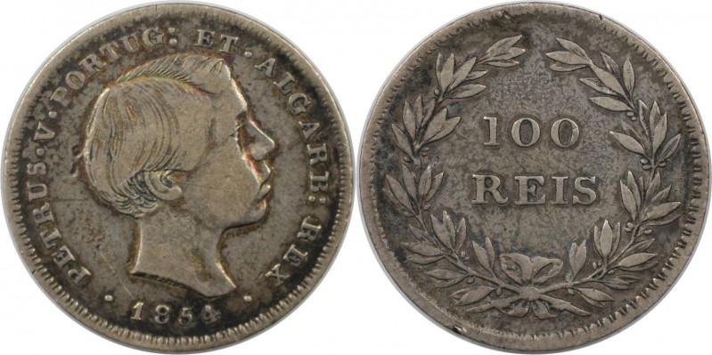 Europäische Münzen und Medaillen, Portugal. Pedro V. 100 Reis 1854, Silber. KM 4...