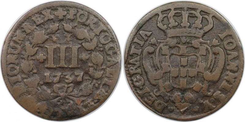 Europäische Münzen und Medaillen, Portugal. Joao V. 3 Reis 1737, Kupfer. KM 225....