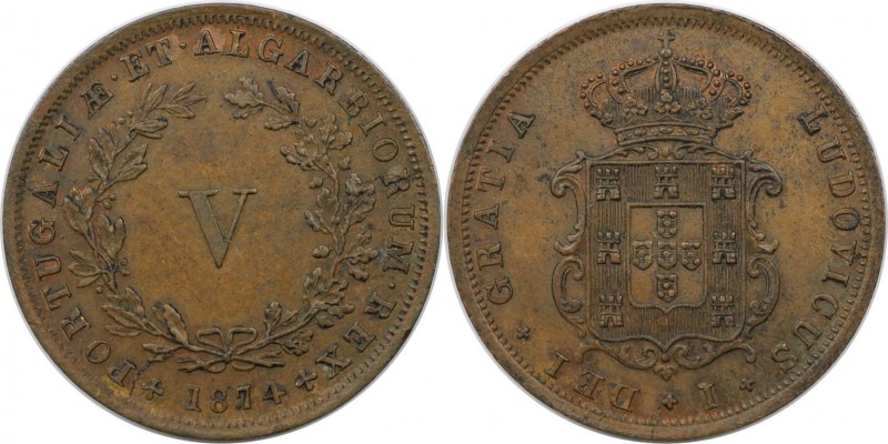 Europäische Münzen und Medaillen, Portugal. Luiz I. 5 Reis 1874, Kupfer. KM 513....