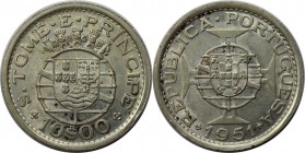 Europäische Münzen und Medaillen, Portugal. PORTUGIESISCHE BESITZUNGEN. SAINT THOMAS & PRINCE ISLANDS. 10 Escudos 1951, Silber. 0.29 OZ. KM 14. Stempe...