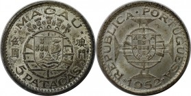 Europäische Münzen und Medaillen, Portugal. PORTUGIESISCHE BESITZUNGEN. MACAU. 5 Patacas 1952, KM 5. Silber. 0.35 OZ. Stempelglanz