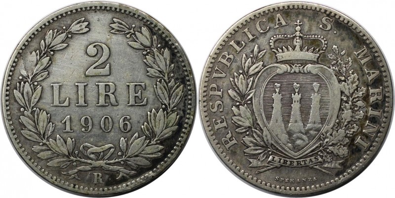 Europäische Münzen und Medaillen, San Marino. 2 Lire 1906 R, Silber. KM 5. Sehr ...