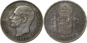 Europäische Münzen und Medaillen, Spanien / Spain. Alfonso XII. (1874-1885). 5 Pesetas 1885 MS - M, Silber. KM 688. Sehr schön+