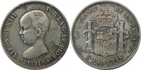 Europäische Münzen und Medaillen, Spanien / Spain. Alfonso XIII. 5 Pesetas 1891 PG - M, Silber. KM 691. Sehr Schön