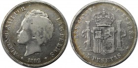 Europäische Münzen und Medaillen, Spanien / Spain. Alfonso XIII. 5 Pesetas 1892 PG - M, Silber. KM 700. Sehr schön