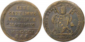 Europäische Münzen und Medaillen, Vatikan. Pius VII. (1800-1823). Baiocco Rom 1801, Kupfer. Muntoni: 17. Sehr schön+