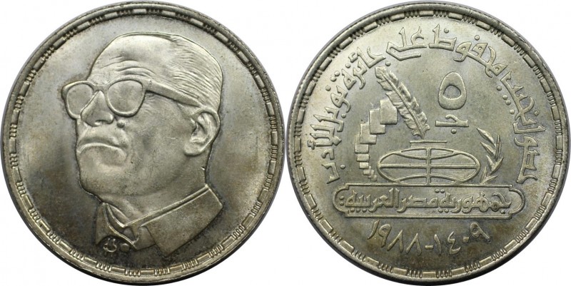 Weltmünzen und Medaillen, Ägypten / Egypt. Naguib Mahfouz. 5 Pounds 1988, Silber...