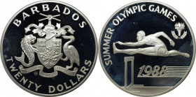 Weltmünzen und Medaillen, Barbados. XXIV. Olympische Sommerspiele, Seoul 1988 - Hürdenlauf. 20 Dollars 1988, Silber. 0.69 OZ. KM 49. Polierte Platte
