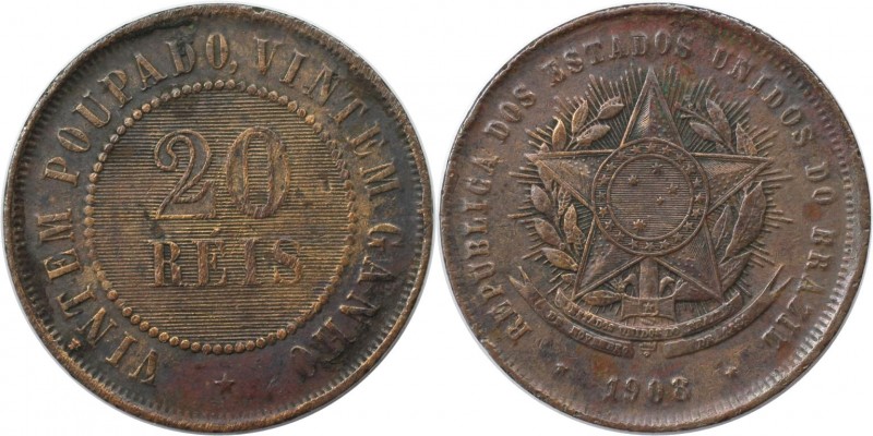 Weltmünzen und Medaillen, Brasilien / Brazil. 20 Reis 1908, Bronze. KM 490. Vorz...