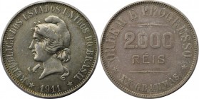 Weltmünzen und Medaillen, Brasilien / Brazil. 2000 Reis 1911, Silber. 0.59 OZ. KM 508. Fast Vorzüglich